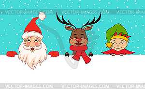 Funny Santa Claus, Christmas Deer, Elf. Cartoon - vector image