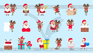 Set Santa Clauses and Deers. Christmas Cartoon Happ - vector clipart