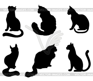 Silhouettes sitting black cats set - vector image