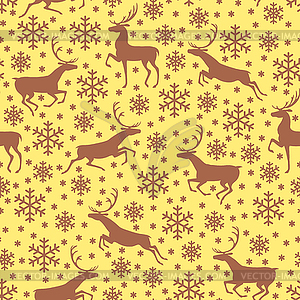 Brown pattern seamless with snowflakes and deer - vector clipart