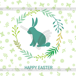Easter decorative card with rabbit and palm branches - vector clipart