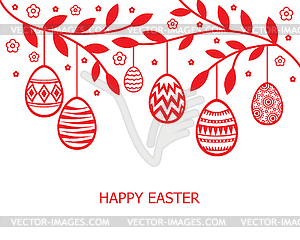 Пасхальная открытка с декоративными яйцами висит на ветвях - векторное изображение клипарта
