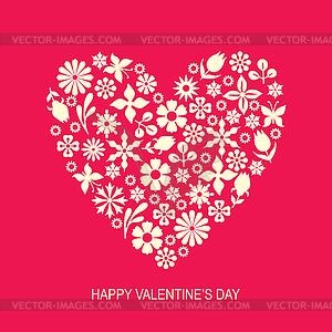Valentines day greeting card with heart of flowers - vector clipart