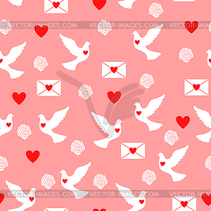 Valentines day pattern seamless with doves, hearts - vector image