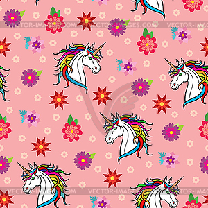 Unicorn muzzle and flowers pattern seamless - vector image