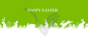 Easter banner with bunnies and eggs on meadow - vector image