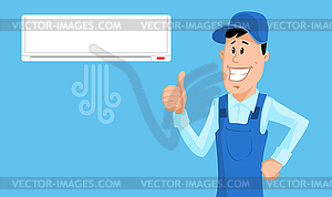 Worker set air conditioner and show thumb up - vector image