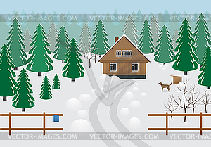 Rustic wooden house in forest area in winter  - vector clipart