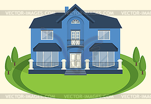 Синий двухэтажный особняк с балконом и большой - изображение в векторе / векторный клипарт
