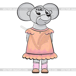 Cartoon merry mouse in peach dress .Vector  - vector image