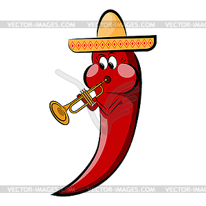 Red cartoon pepper in a sombrero plays on a pipe. - vector clip art