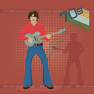 Musician with electric guitar on red background - vector clipart