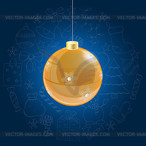 Orange christmas ball on blue background with doodl - vector clipart