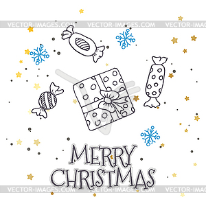 Pattern with fir trees, gift, bows, christmas - vector clipart