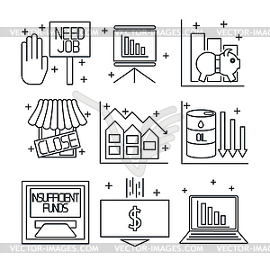 Set icons on theme of economic crisis - vector image