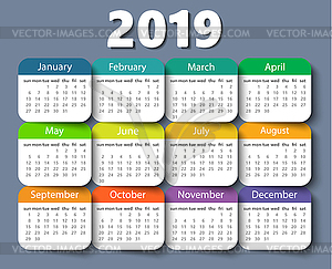 Calendar 2019 year design template. Week starting o - vector clip art