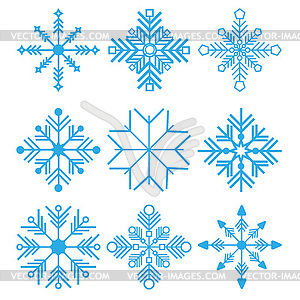  Set of Nine Snowflakes thin line ftat design - vector image