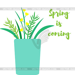 Vase with flowers and inscription spring is coming - vector clip art