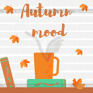 Autumn mood leaves cup and book - vector clipart