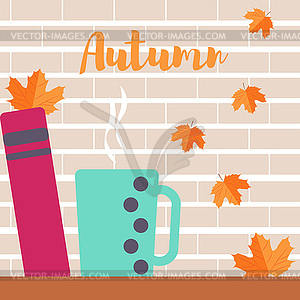 Autumn mood leaves cup and book - vector image