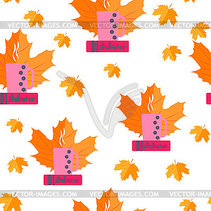 Seamless pattern. Autumn yellow leaves and books - vector image