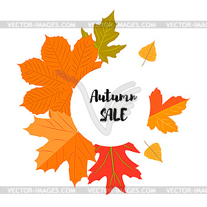 Set of autumn yellow leaves and circular emblem wit - vector image