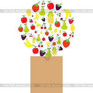 Multicolored fruits are poured into craft package - vector clipart