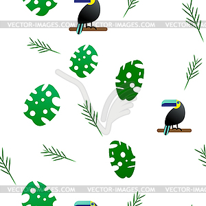 Seamless pattern. Toucan and tropical monster leaves - vector image