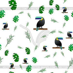 Seamless pattern. Toucan and tropical monster leaves - vector clipart