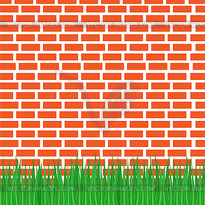 Красная кирпичная стена и зеленая трава внизу - рисунок в векторе