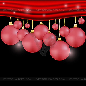 Christmas background with red curtain and ball - vector image