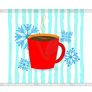 Red cup with coffee or tea. And snowflakes - vector image