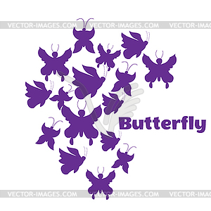 Силуэты фиолетовых бабочек. белый фон - клипарт в векторном формате