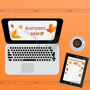 Laptop with information about autumn sale on - vector clipart