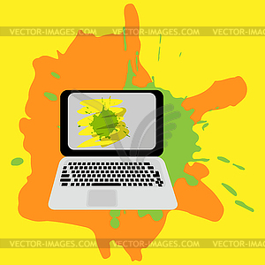 Open laptop with spots on screen on colored - vector clipart