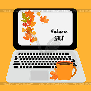 Laptop with information about autumn sale on - vector clipart