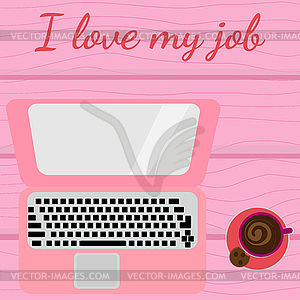 Ноутбук и чашка кофе на фоне розового дерева. - изображение в векторном виде