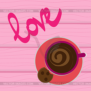 Love and cup with coffee on wooden background - vector image