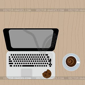 Laptop and coffee cup on wooden background - vector image
