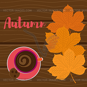 Autumn background. Yellow leaves and cup of coffee - vector EPS clipart