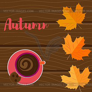 Autumn background. Yellow leaves and cup of coffee - vector clipart