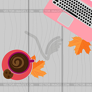 Autumn workplace. Laptop, coffee and yellow leaves - vector image