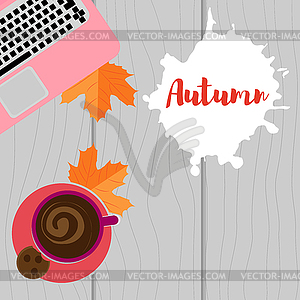 Autumn workplace. Laptop, coffee and yellow leaves - vector EPS clipart