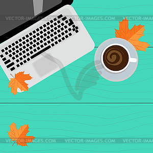 Autumn workplace. Laptop, coffee and yellow leaves - stock vector clipart