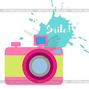 Old-fashioned color camera. Flat style. Splash and - vector clipart