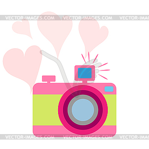 Old-fashioned color camera. Flat style. . hearts - stock vector clipart