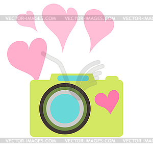 Old-fashioned color camera. Flat style. . hearts - vector image