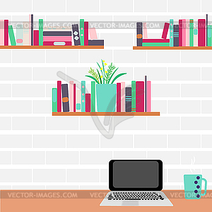 Workplace. Computer and bookshelves on brick wall - vector clip art