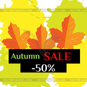 Autumn sale with yellow leaves on colored abstract - vector image