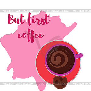 Purple cup with coffee or tea and heart. on blot - vector clipart